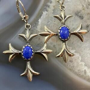 Carolyn Pollack Southwestern Style Sterling Lapis Squash Blossom Dangle Earrings